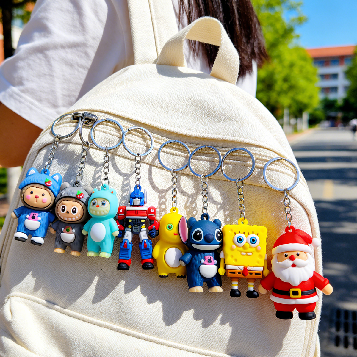 OEM Cartoon Keychain Manufacturer SpongeBob Stitch Transformers Santa Claus PVC Figure Key Chain Bulk Order for Kids Backpack Decoration
