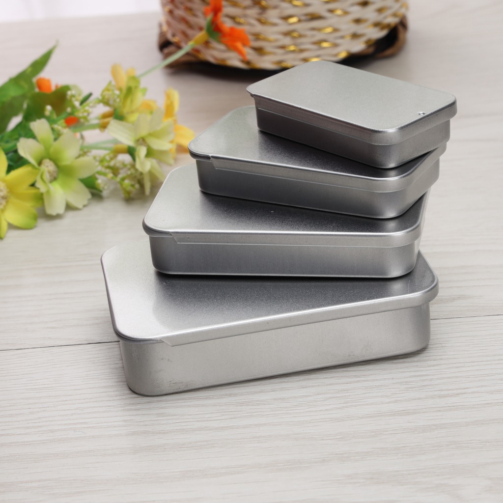 Custom Printed Rectangular Metal Tin Box, Blank Silver Tinplate Storage Containers with Lid, MOQ 100