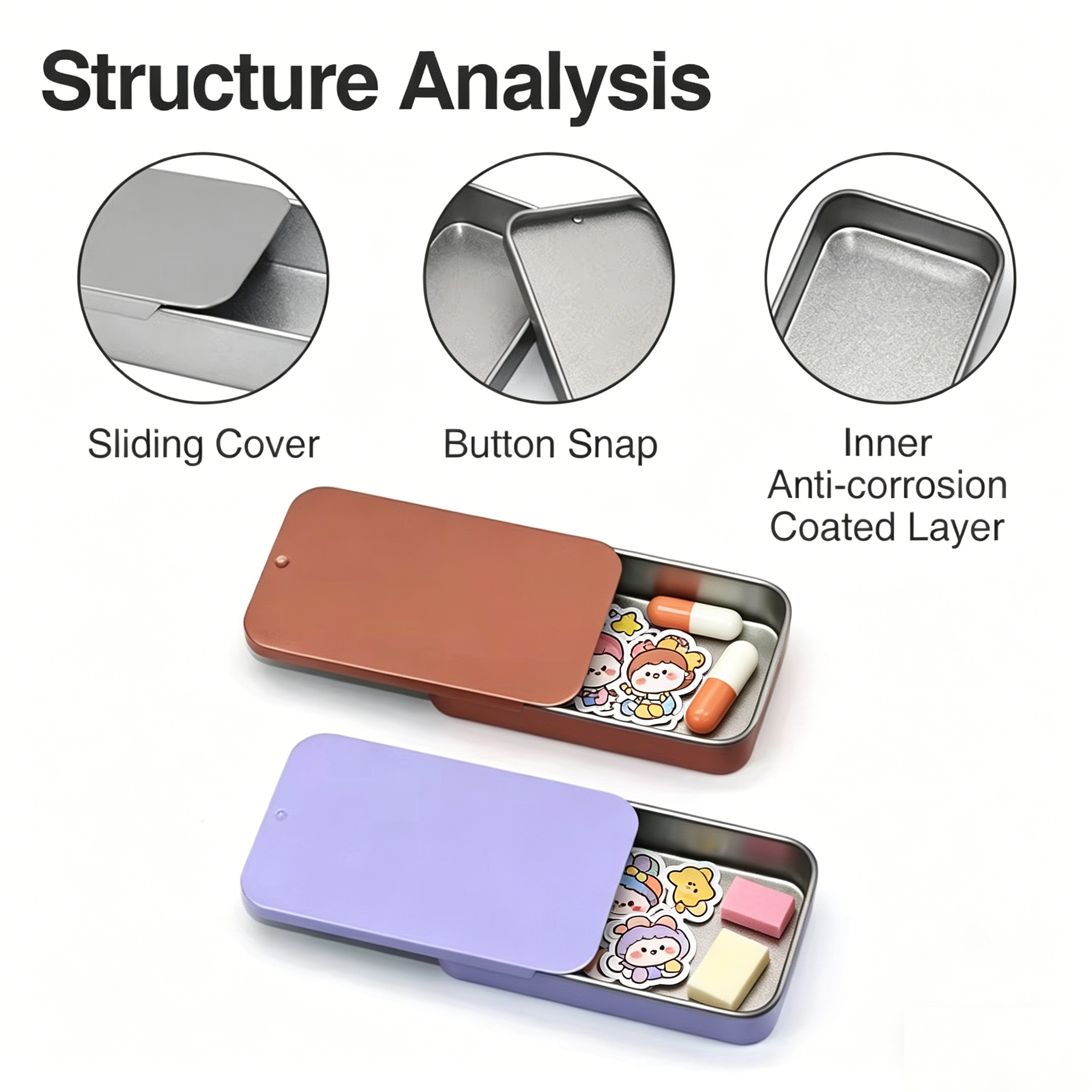 Anti-Corrosion Sliding Tin Boxes Factory Stock, Customizable for PillStickerSmall Item Organization