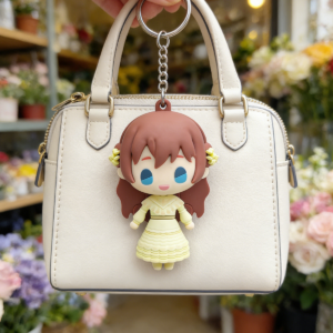 Cute Brown Hair Girl in Yellow Dress Soft Rubber Keychain, Kawaii Anime Style 3D Key Ring for Handbag & Backpack, Elegant Accessory for Anime Fans & Gift