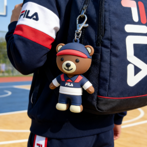FILA Branded Bear Soft Rubber Keychain, 3D Sporty Teddy Bear Key Ring for Backpack & Bag, Trendy Streetwear Accessory for FILA Fans & Sports Lovers