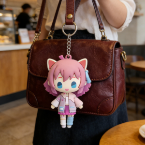 Kawaii Pink Cat Ear Girl Soft Rubber Keychain, Anime Style 3D Key Ring for Handbag & Backpack, Cute Daily Accessory for Anime Fans & Students