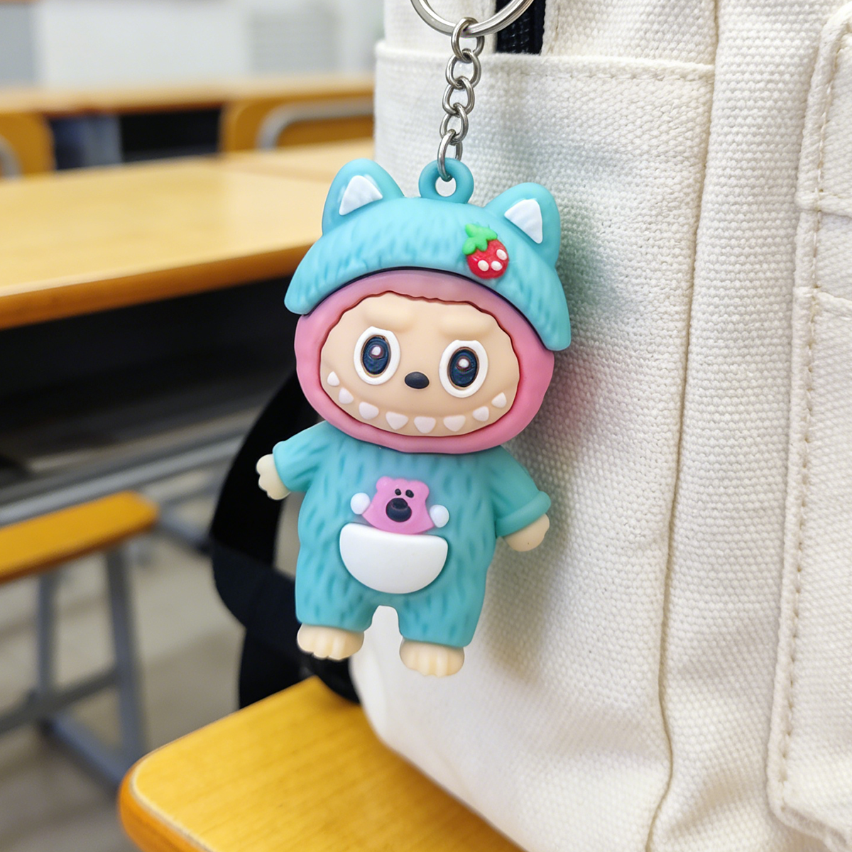 Kawaii Labubu Keychain, 3D Cartoon Silicone Key Ring, Cute Strawberry Cat Ear Bag Charm, Anime Figure Pendant, Gift for Girls, Backpack Accessory