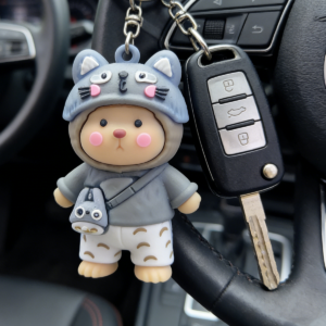 Kawaii Totoro Bear Keychain, 3D Cartoon Silicone Key Ring, Cute Cat Ear Hat Bag Charm, Anime Car Key Pendant, Gift for Women, Backpack Accessory