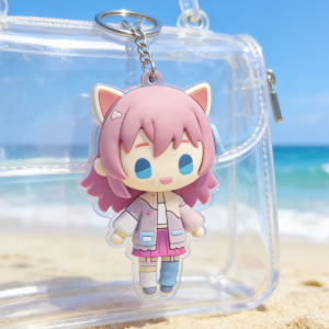 Cute Pink Cat Ear Girl Soft Rubber Keychain, Anime Style 3D Key Ring for Bag & Backpack, Kawaii Summer Accessory for Anime Fans
