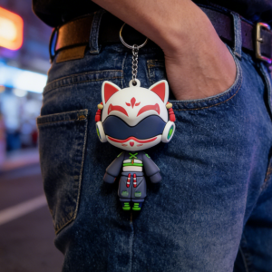 Cyber Fox Mask Ninja Soft Rubber Keychain, 3D Cool Anime Key Ring for Jeans & Backpack, Trendy Streetwear Accessory for Gamers & Anime Lovers