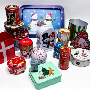 Christmas Themed Holiday Tins Assorted Shapes for Cookies & Gifts, In Stock Custom Printing