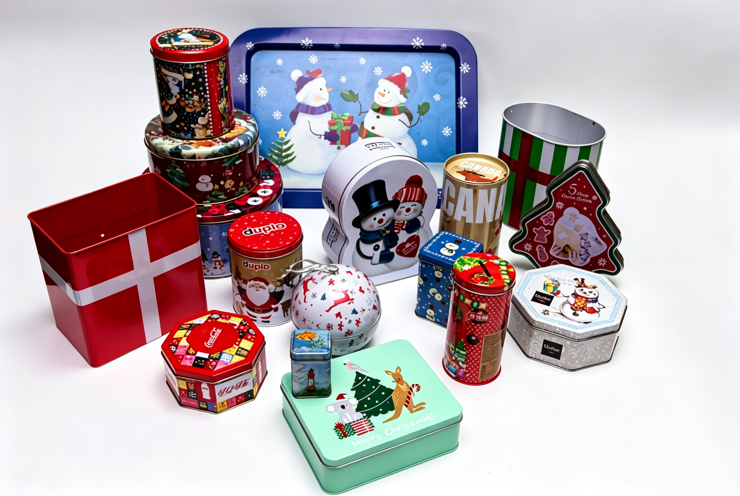 Christmas Themed Holiday Tins Assorted Shapes for Cookies & Gifts, In Stock Custom Printing