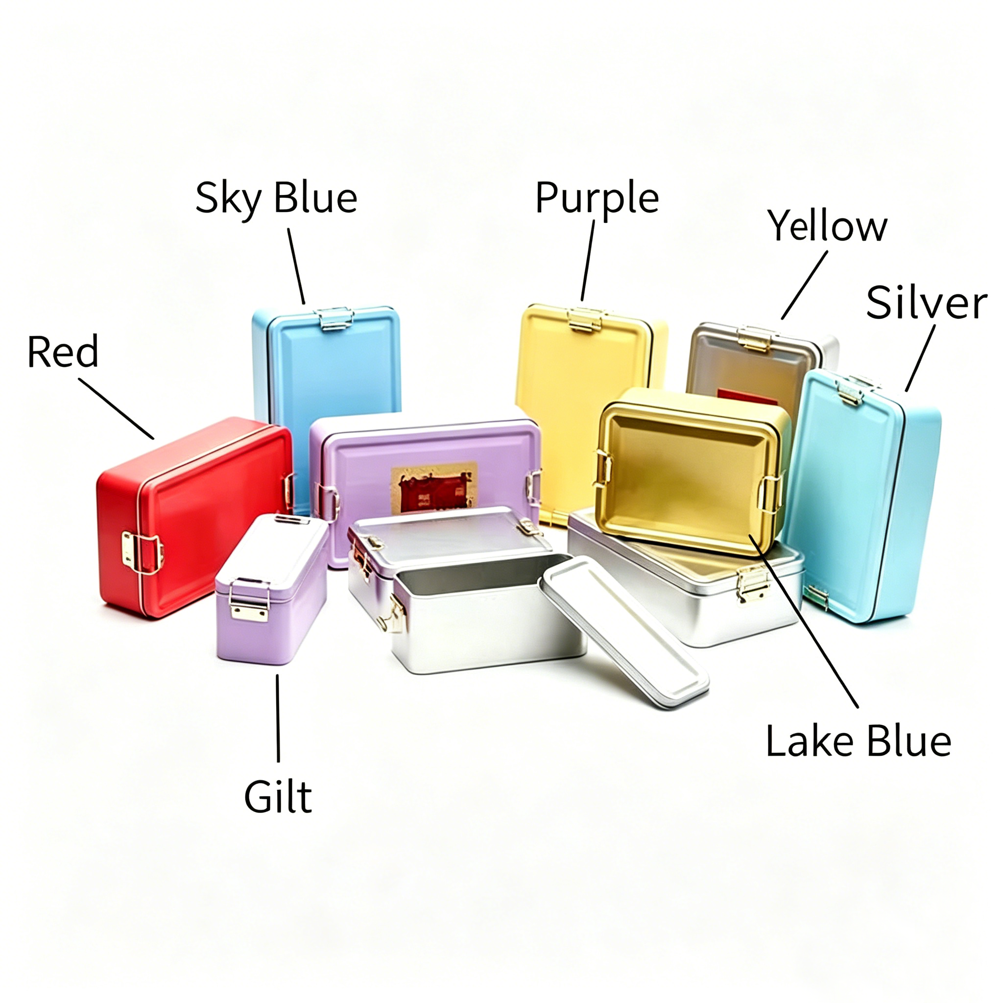 Multi-Color Rectangular Latch Tin Set Red, Blue, Purple, Gold, For Storage & Gift, Custom Logo Available