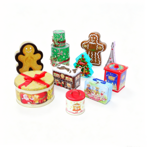 OEM Christmas & Holiday Cookie Tins Printed Metal Containers with Gingerbread & Santa Designs, Low MOQ Customization