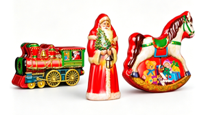 ODM Custom Christmas Shaped Metal Tin Set, Train Santa Rocking Horse Novelty Tin Box for Holiday Candy Chocolate Gift Packaging