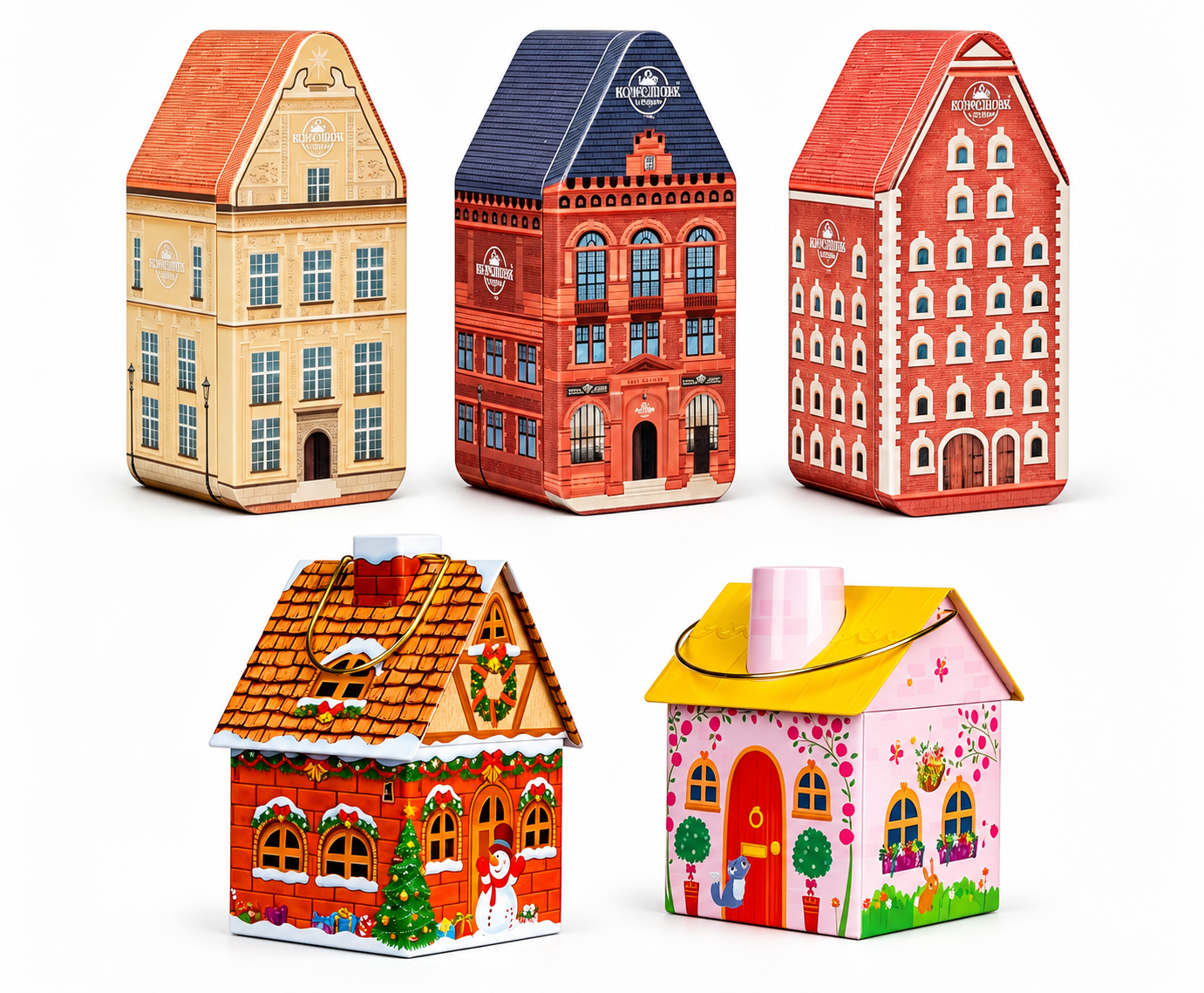 ODM-European-Town-Building-Cartoon-Gingerbread-House-Shaped-Metal-Tin-Combo-Vintage-Cityscape-Santa-Snowman-Print-Cookie-Storage-Gift-Tins