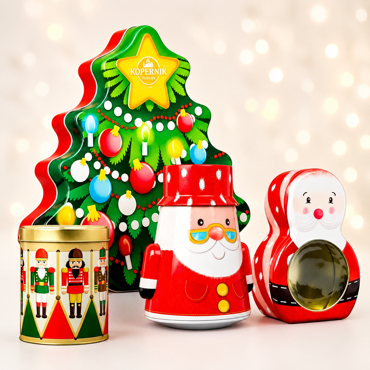 OEM Christmas Tree Santa Nutcracker Soldier Novelty Shaped Metal Tin Combo, Cartoon Winter Print Holiday Cookie Candy Storage Gift Tins