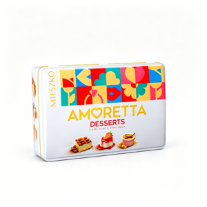 OEM Colorful Geometric Heart Rectangular Metal Tin Box, Amoretta Dessert Praline Print Premium Chocolate Gift Storage Tin