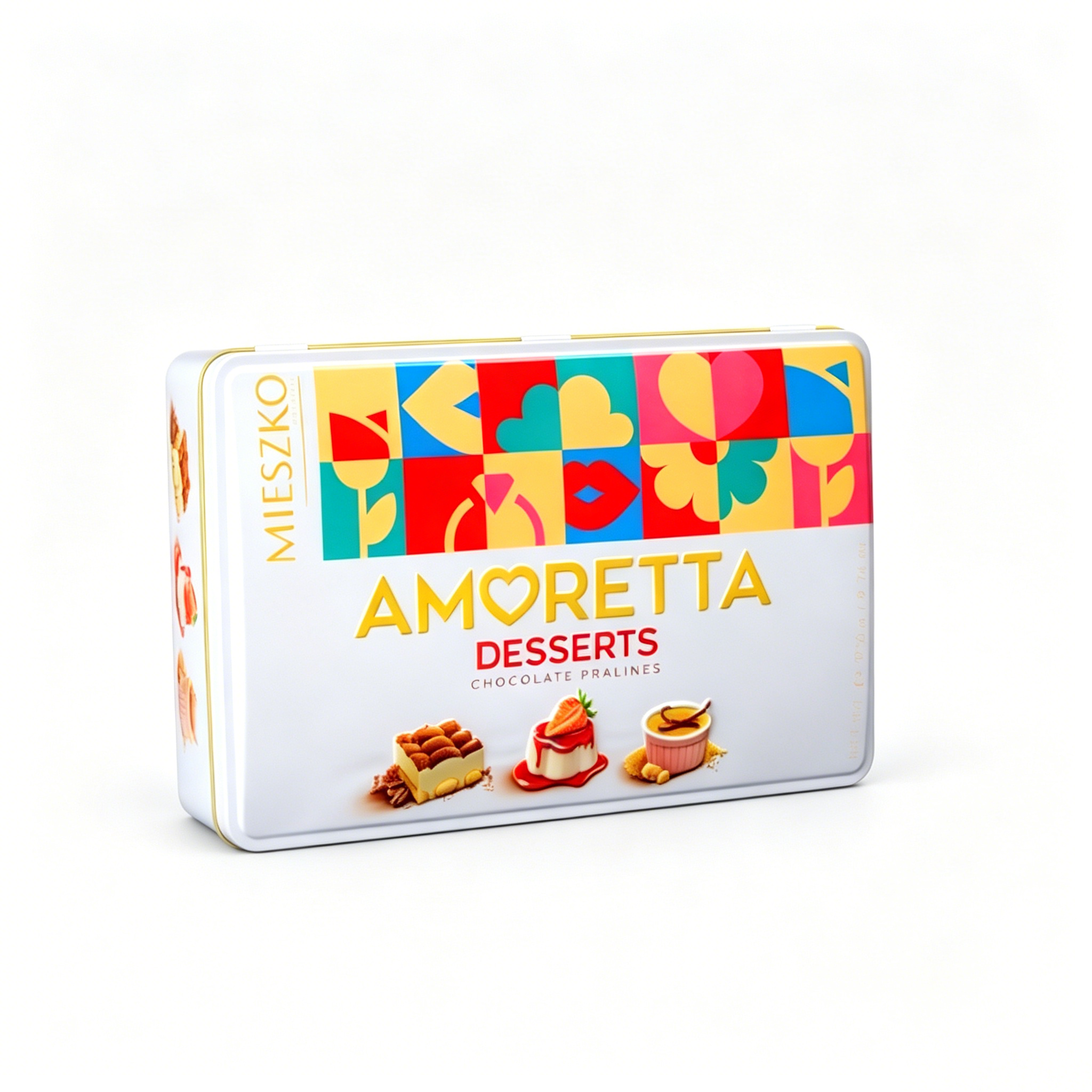 OEM Colorful Geometric Heart Rectangular Metal Tin Box, Amoretta Dessert Praline Print Premium Chocolate Gift Storage Tin