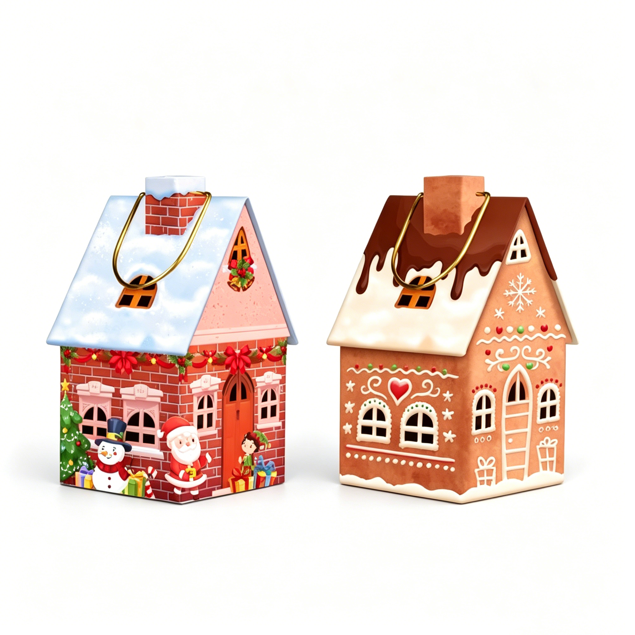 OEM Gingerbread House Shaped Christmas Metal Tin Box Set With Carry Handle, Santa Snowman Printed Novelty Xmas Cookie Gift Tins