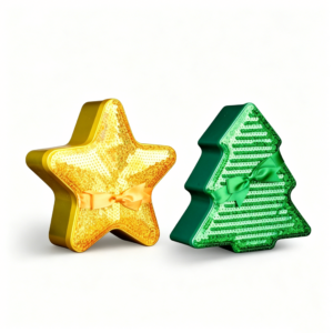 OEM ODM Glitter Star & Christmas Tree Shaped Metal Tin Box Set, Ribbon Bow Novelty Xmas Tin for Cookie Chocolate Holiday Gift Packaging