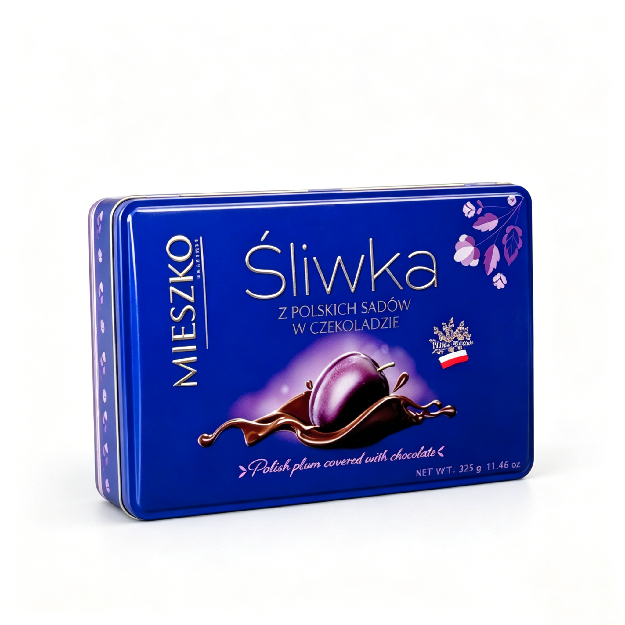 OEM Gloss Blue Rectangular Metal Tin Box, Plum Chocolate Print Premium Confectionery Gift Storage Tin Custom Logo Wholesale