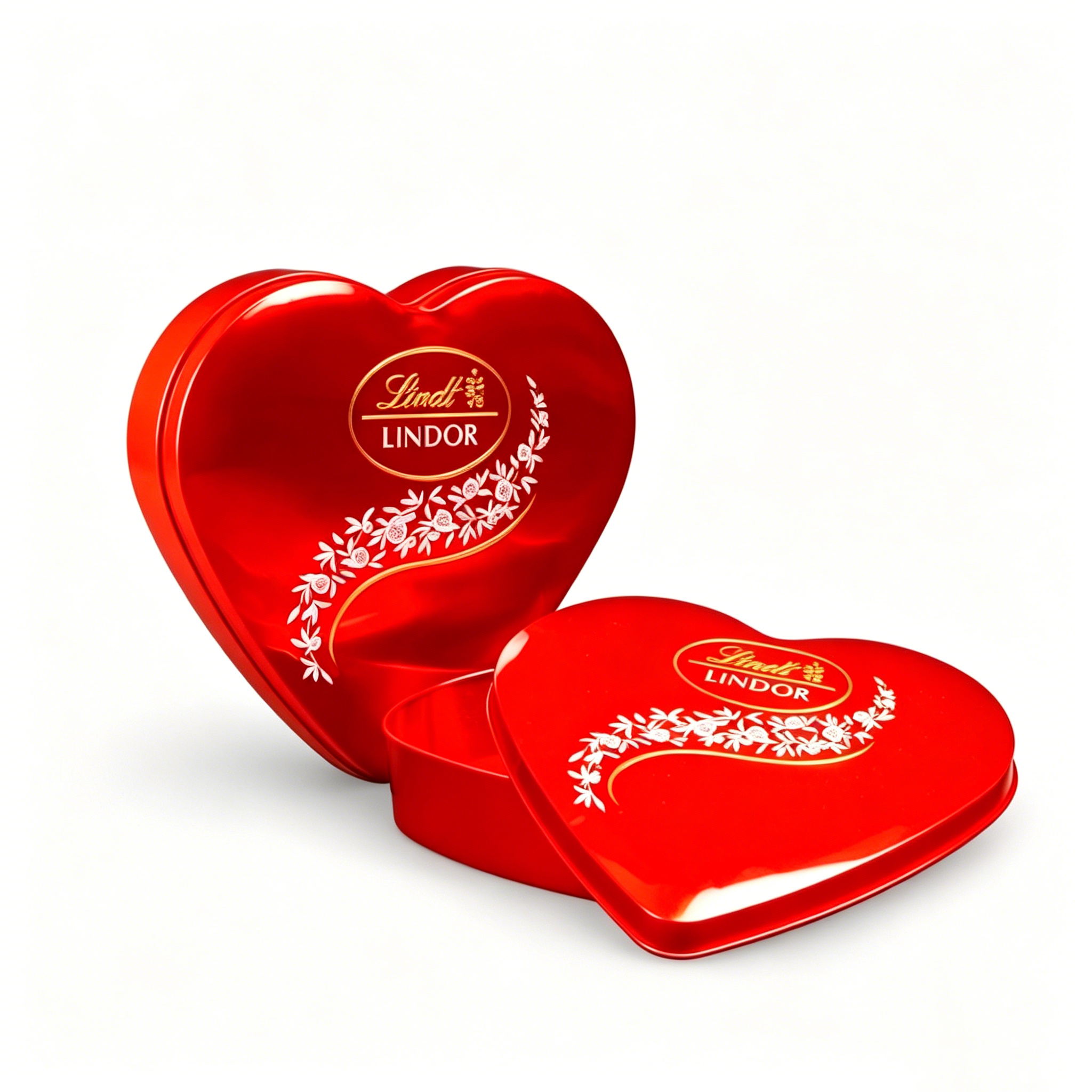 OEM Gloss Red Heart Shaped Metal Tin Box Set, Gold Floral Embossed Lindor Print Valentine Wedding Praline Gift Storage Tins