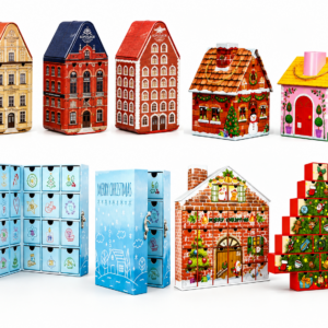 OEM House & Christmas Tree Shaped Advent Calendar Metal Tin Full Set, 24 Drawer Countdown Novelty Xmas Candy Chocolate Storage Containers