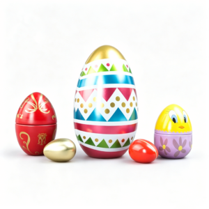 OEM Multi Size Colorful Geometric Easter Egg Shaped Metal Tin Set, Cartoon Chick Floral Print Kids Spring Candy Gift Tins