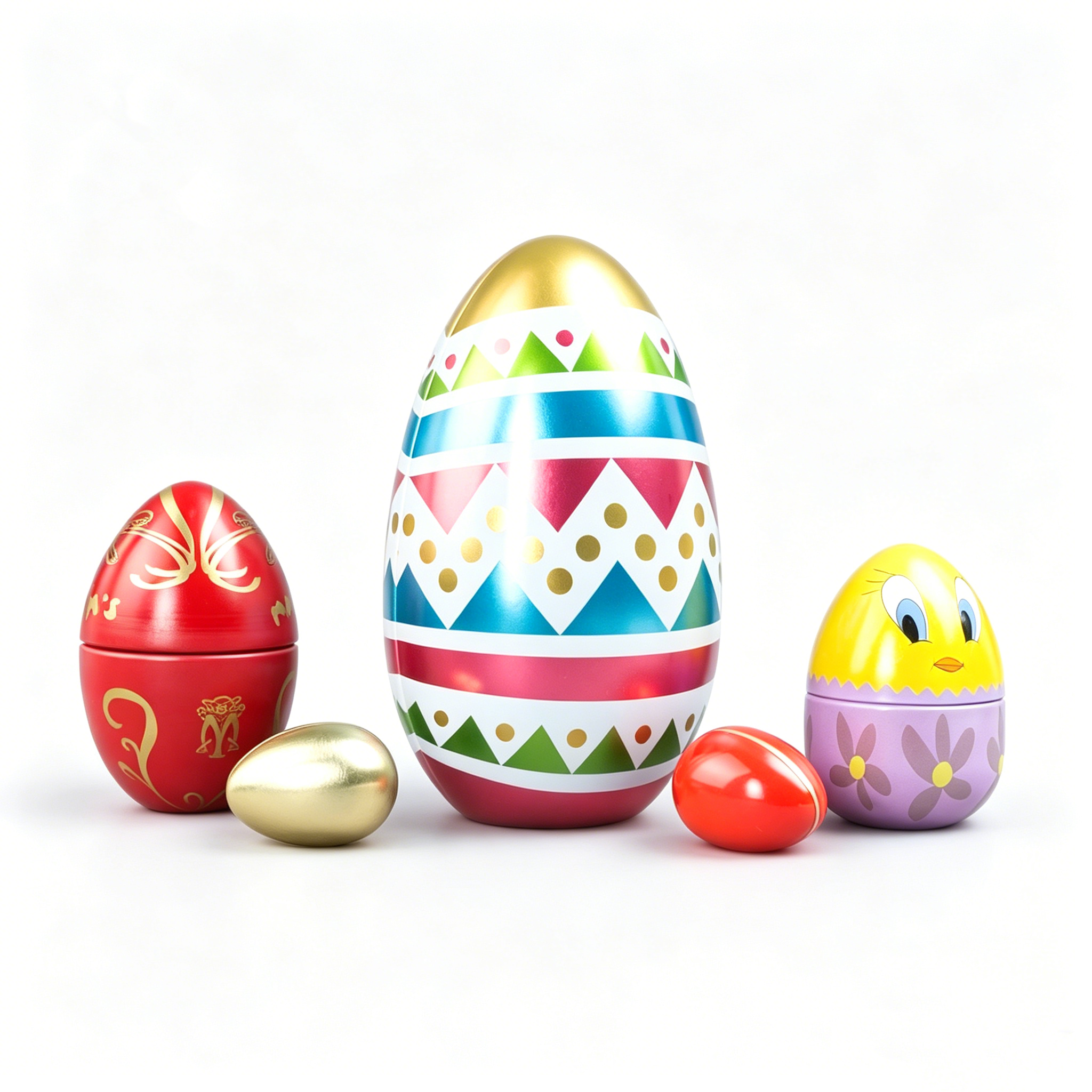 OEM Multi Size Colorful Geometric Easter Egg Shaped Metal Tin Set, Cartoon Chick Floral Print Kids Spring Candy Gift Tins