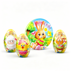OEM ODM Cartoon Bunny Lamb Chick Easter Egg Shaped Tin Set, Happy Easter Printed Novelty Metal Tins for Kids Candy Gifts