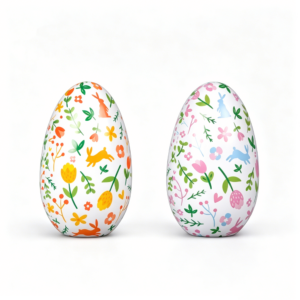 ODM Custom Easter Egg Shaped Tin Can, Floral & Bunny Printed Metal Tin for Holiday Candy