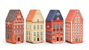 OEM ODM Custom European House Shaped Metal Tin Box, Vintage Building Print Decorative Tin for Souvenir & Candy Storage