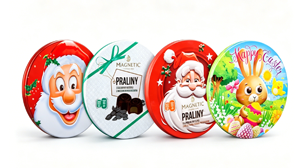 OEM ODM Round Holiday Chocolate Tin Box, Santa Claus Easter Bunny Printed Metal Tin for Praline Candy Confectionery Packaging